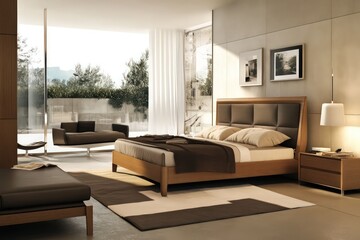 Fototapeta premium A modern bedroom with sleek furniture, neutral colors, and minimalist decor. Focus on clean lines, large windows for natural light, and integrated storage solutions. Incorporate contemporary art 