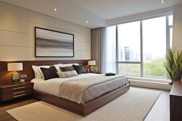 A modern bedroom with sleek furniture, neutral colors, and minimalist decor. Focus on clean lines, large windows for natural light, and integrated storage solutions. Incorporate contemporary art 