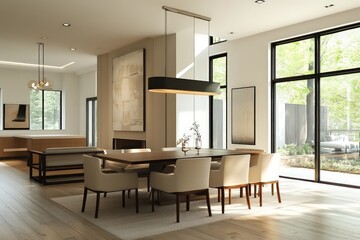 A modern dining room with sleek furniture, neutral colors, and minimalist decor. Focus on clean lines, large windows for natural light