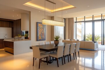 A modern dining room with sleek furniture, neutral colors, and minimalist decor. Focus on clean lines, large windows for natural light