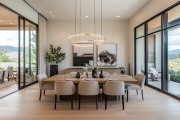 A modern dining room with sleek furniture, neutral colors, and minimalist decor. Focus on clean lines, large windows for natural light