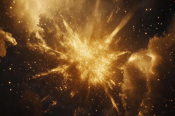 A cinematic firework effect showcasing a single golden explosion with glowing rays and drifting spark particles.