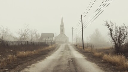 Foggy country road leads to a church and houses on a misty day.