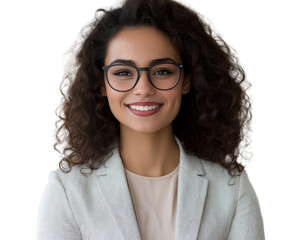 Obraz premium A smiling woman with curly hair and glasses, wearing professional attire, isolated on a transparent background png