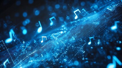Obraz premium Bright blue music notes moving through an intricate digital sound wave in a visually striking artistic style