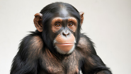 Naklejka premium AI image Close up portrait of chimpanzee with brown eyes on a simple white background.
