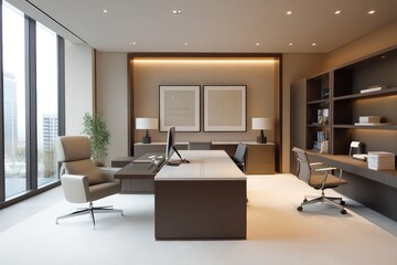 A modern office with sleek furniture, neutral colors, and minimalist decor. Focus on clean lines, large windows for natural light,