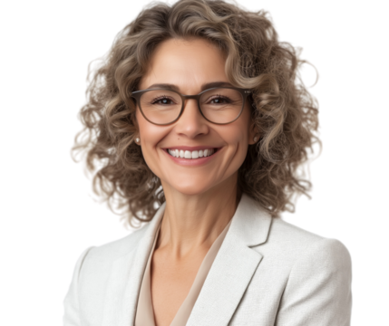A smiling woman with curly hair and glasses, wearing professional attire, isolated on a transparent background png