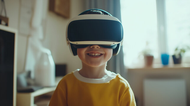 A joyful child with autism exploring immersive virtual reality in a bright indoor space during a playful afternoon session. Generative AI