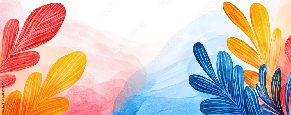 Poster Doodle watercolor idea. A vibrant abstract background featuring colorful foliage patterns and soft gradients.