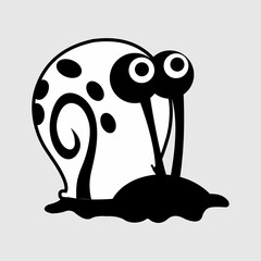 Black and white cartoon snail illustration with large expressive eyes and unique spotted shell. Perfect for stickers, logos, mascots, or creative design projects