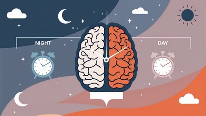 Illustration shows brain model with clock on. Night, day symbols on dual-toned background illustrate circadian rhythms. Concept image for sleep cycle, biological clock, health