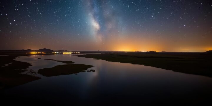 A stunning nighttime view of the Blue Nile River flowing gently into Lake Tana under a starry sky, nighttime views, nocturnal scenes