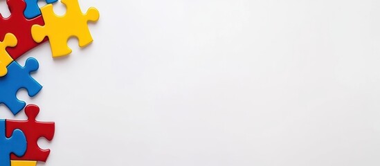 Colorful puzzle pieces on white background.