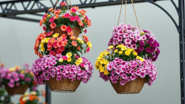 A tiered hanging basket system filled with colorful flowers in shades of pink, yellow, and purple, suspended from a sturdy metal frame, hanging baskets, interior design