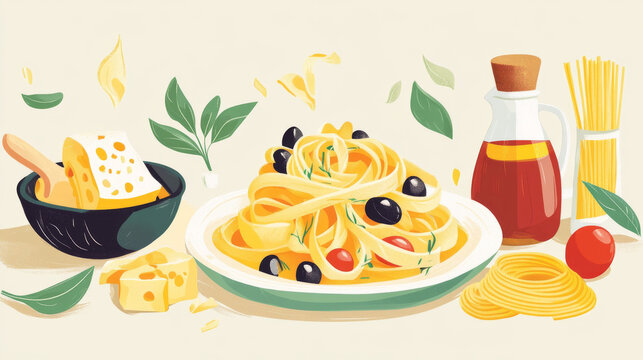Pasta and Italian macaroni cuisine or restaurant poster of lasagna, tagliatelle or spaghetti and farfalle. Vector design of olive oil and olives branch for papardelli, ravioli or fettuccine