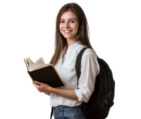 A smiling young woman, a student, holding an open book, wearing a white shirt and a black backpack, isolated on a transparent PNG background