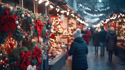 Obraz premium Christmas Market Festive Cheer: Illuminated Stalls and Red Bows
