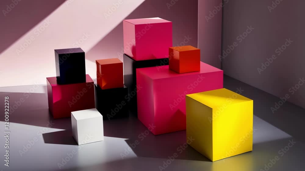 Poster geometric cubes in vibrant colors create a visually striking arrangement with contrasting shadows an