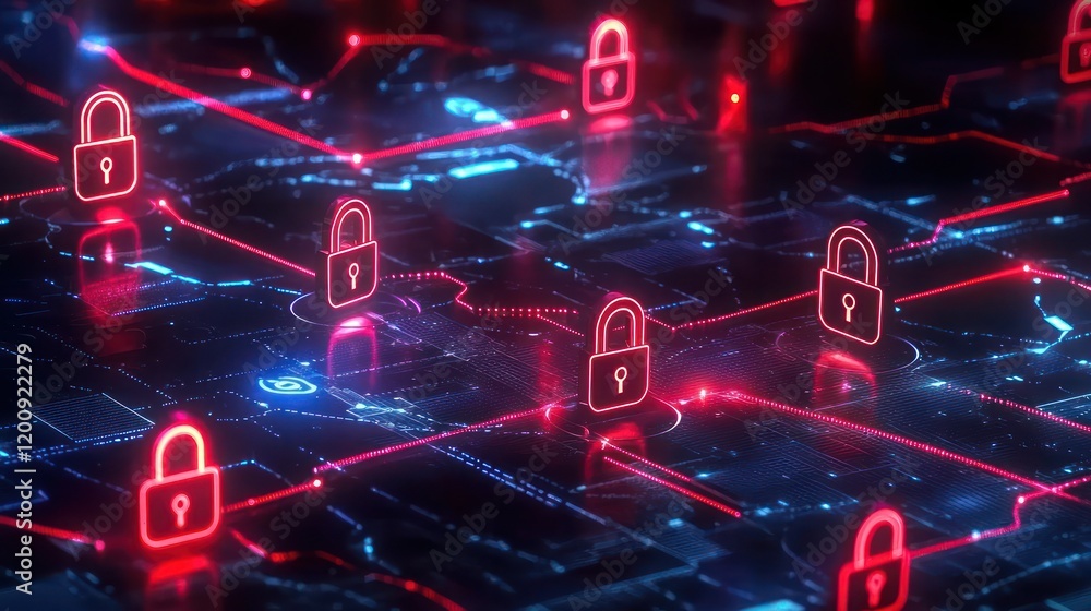 Poster cybersecurity professionals use lock icons to secure network defenses against attacks.