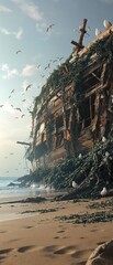 A vintage poster of a shipwreck on the beach with seaweed and seagulls, abandoned ship, coastline, ocean environment, sea creatures