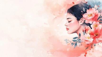 Fototapeta premium Floral watercolor concept. A beautiful watercolor portrait of a woman surrounded by flowers and soft colors.