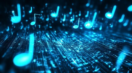 Creative design of bright blue music notes floating on a rhythmic digital sound wave symbolizing sound artistry