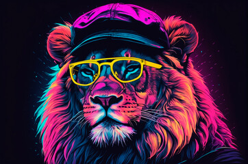 Obraz premium Portrait of an lion with black glasses, wearing a cap on his head, illustration, neon aesthetics, neo-noir. Generative AI.