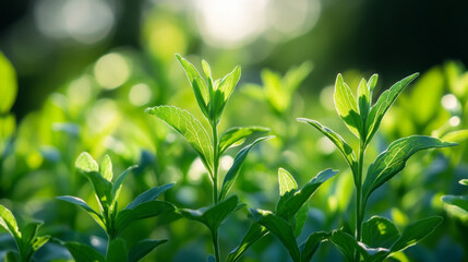 Obraz premium Stevia sweetener leaves icon. Healthy sweetener, natural supplement or healthy food emblem, stevia leaves extract vector label. Stevia product green icon or emblem with handwritten text