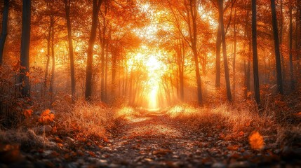 Fototapeta premium Autumn Forest Path Sunrise Mist Fall Wallpaper