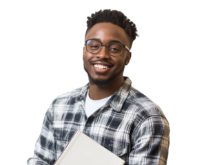  A male student smiling and holding a book with a transparent background png
