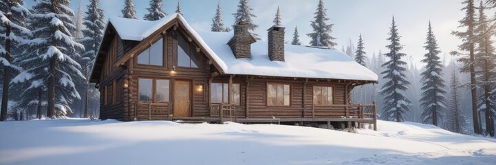 A wooden cabin with a sloping roof and snow-covered exterior, snowy landscape view, snow covered cabin building