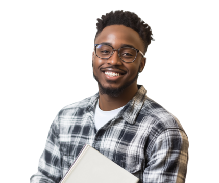  A male student smiling and holding a book with a transparent background png