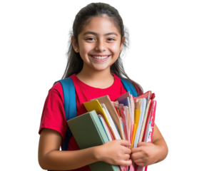  A smiling Hispanic girl in a red shirt and backpack, holding books, on a transparent background png