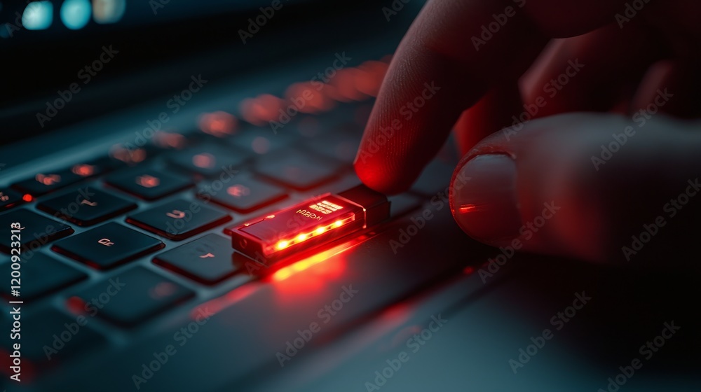 Poster red usb drive inserted; data transfer; dark room; laptop keyboard. cybersecurity concept