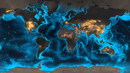 Fototapeta premium Global night lights map, oceans glowing, city lights, Earth at night, environmental study