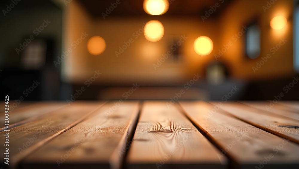 Poster ai image a wooden table in foreground with blurred background of a room with soft lights.