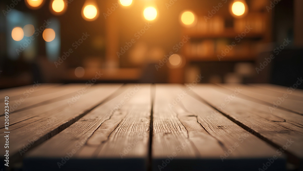 Poster ai image a wooden table in foreground with blurred background of a room with soft lights.