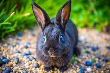 Adorable Black Rabbit with Blue Eyes Eating on Gravel Near Grass Field - Drone Aerial View