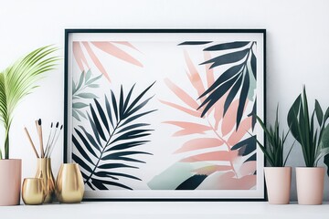 A clean and modern summer design showcasing silhouetted tropical leaves on a white background with pastel watercolor accents.
