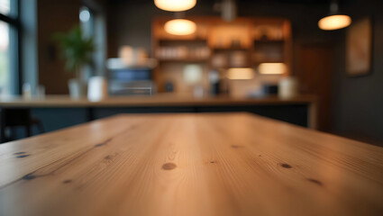 AI Image A close-up shot emphasizes the wooden texture of a table, with a blurred interior and pendant lights in the background.