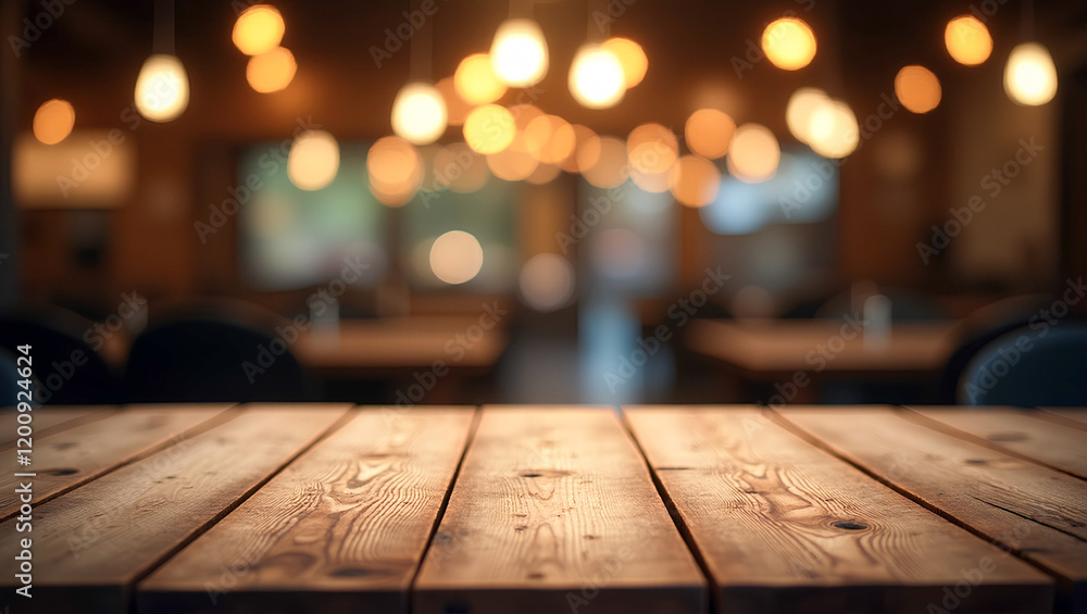 Poster ai image a wooden table with a blurred background featuring warm lights and shelves with items, crea