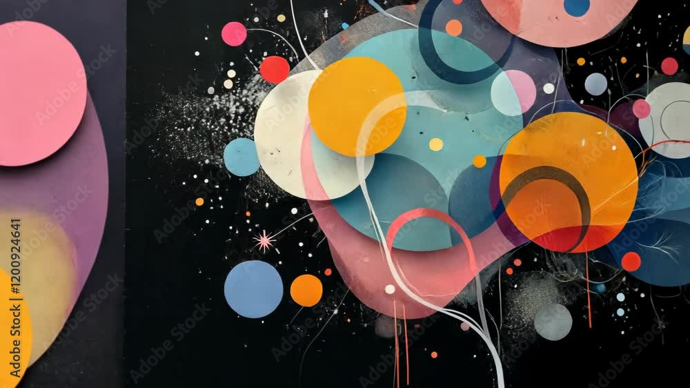 Poster abstract dynamic circles merging and transforming against a dark background