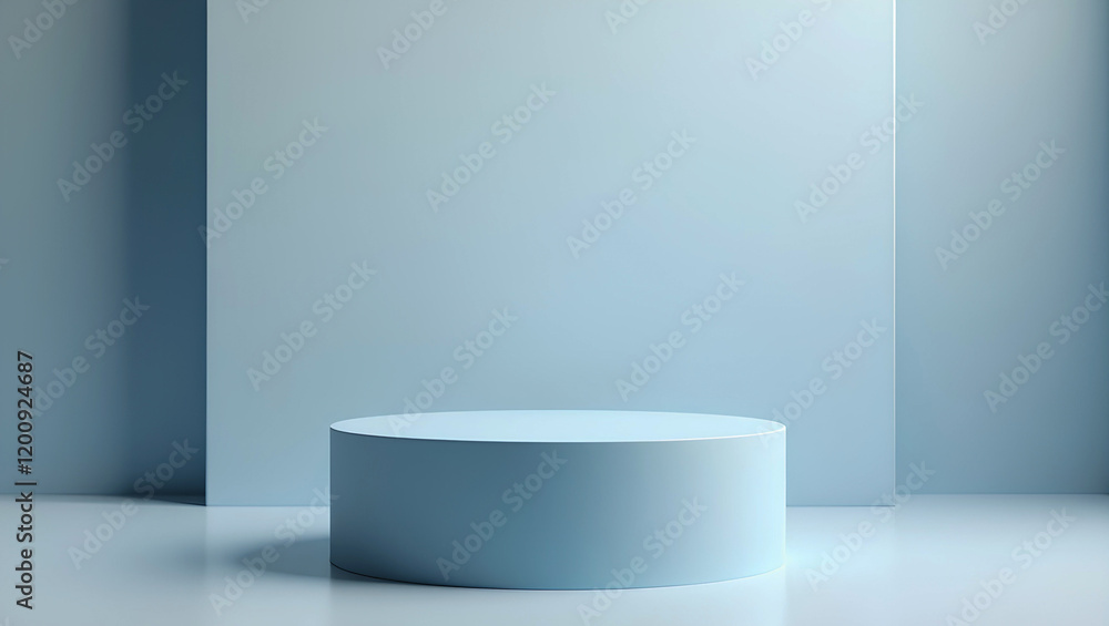 Poster ai image features a light blue cylindrical podium, positioned in a minimalist setting with monochrom