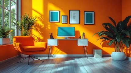 Fototapeta premium 3D isometric home office with modern furniture and bright colors on a white background