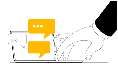 The hand enters a banner into the computer from the keyboard and receives a response. A conceptual illustration on the topic of communication with artificial intelligence.