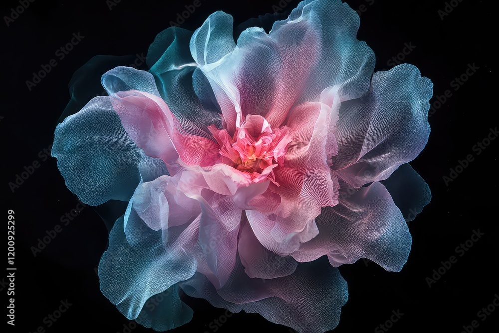 Wall mural A cinematic close-up of a peony flower in pink, showcasing its vibrant bloom on a black background.