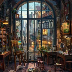 Obraz premium Artist's studio with large window overlooking charming medieval town.