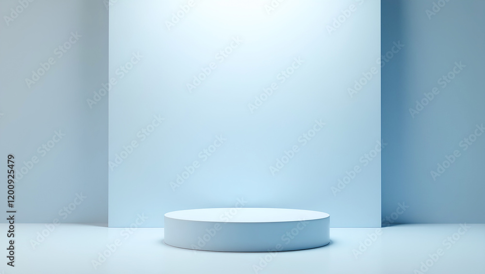 Poster AI image displays a single, white, cylindrical platform against a pale blue background with architectural planes, creating a minimalist and serene atmosphere for product presentation.