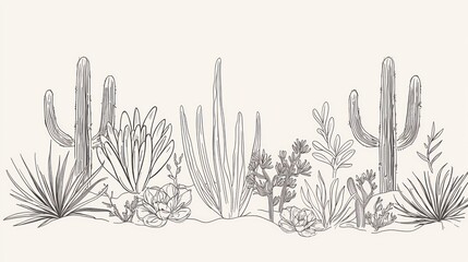 Desert Botanical Line Art: A Southwestern Cactus and Succulent Panorama